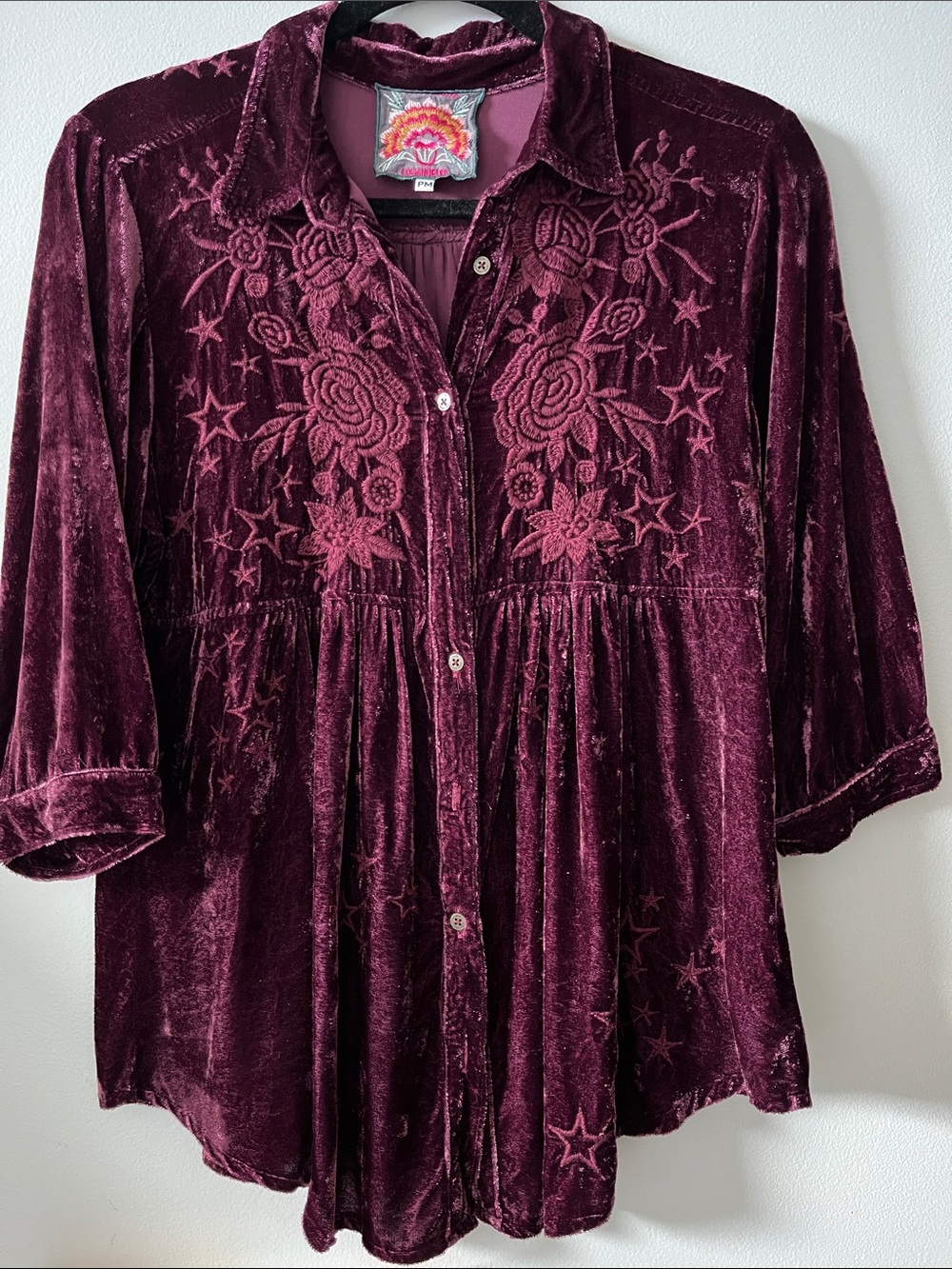 Johnny was silk blend maroon Roberta velvet smocked blouse button up embroidered
